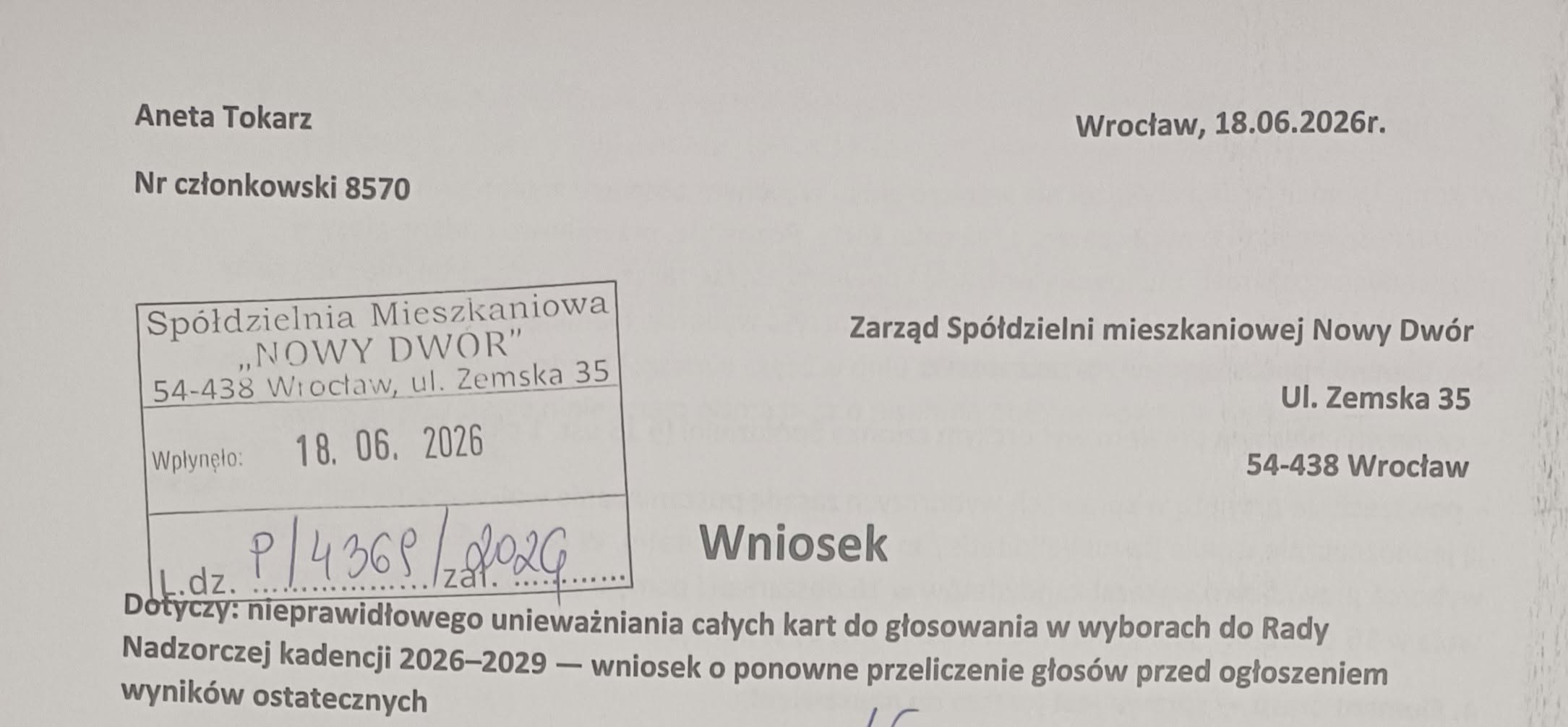 Wniosek o ponowne przeliczenie głosów do Rady Nadzorczej SM Nowy Dwór 2026–2029