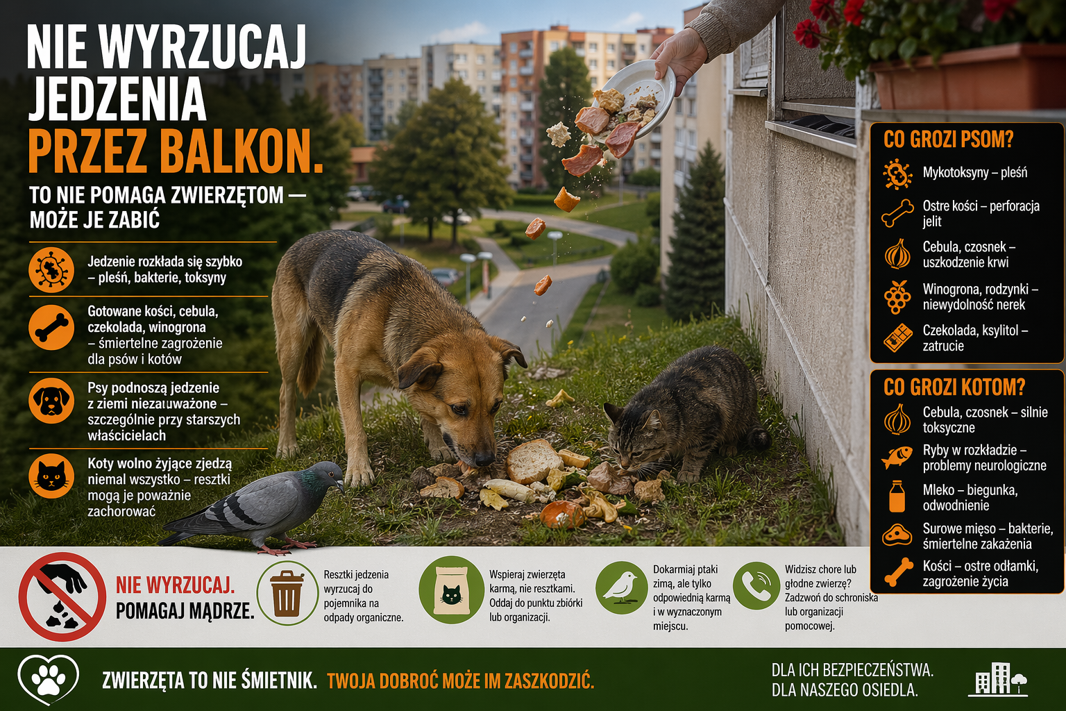 Nie wyrzucaj jedzenia przez balkon — zagrożenie dla psów i kotów