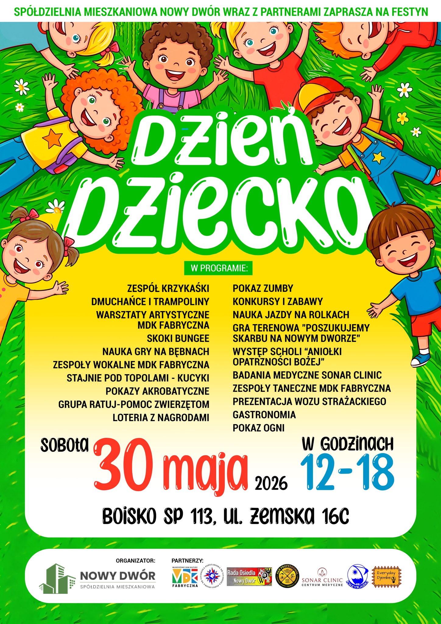 Plakat festynu z okazji Dnia Dziecka na osiedlu Nowy Dwór — 30 maja 2026