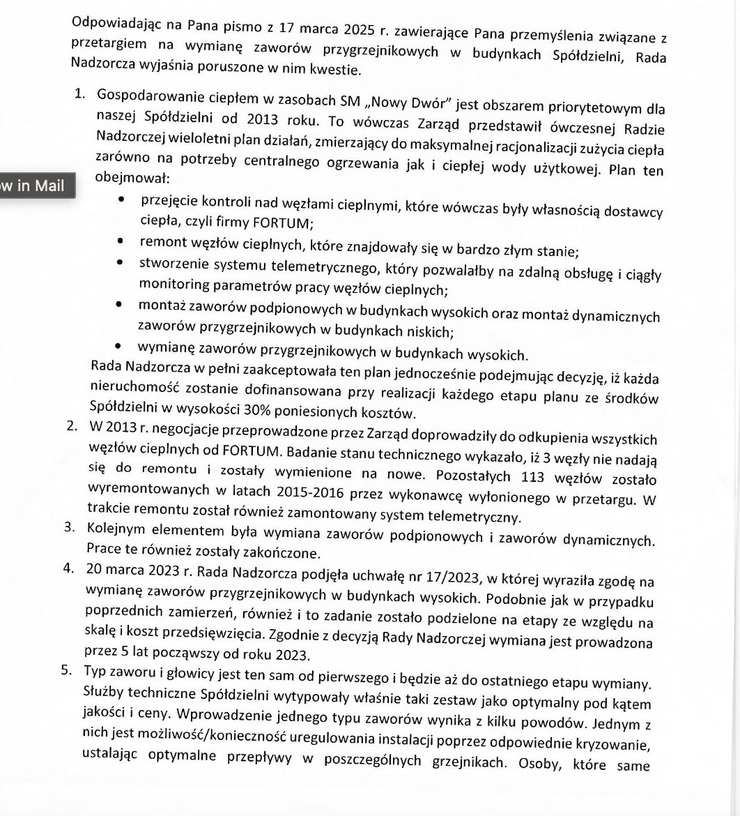 Odpowiedź Rady Nadzorczej SM Nowy Dwór na pismo mieszkańca — strona 1