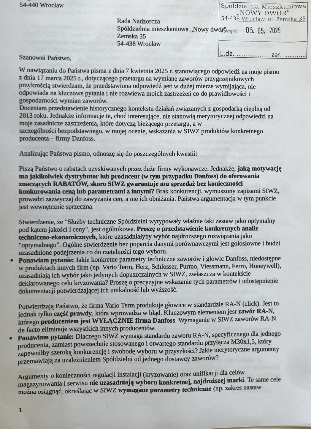 Pismo mieszkańca do Rady Nadzorczej SM Nowy Dwór — strona 1