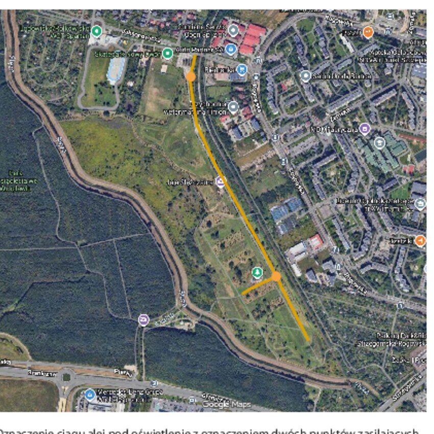 Mapa trasy oświetlenia głównej alei Parku Tysiąclecia — projekt WBO 2026 nr 148